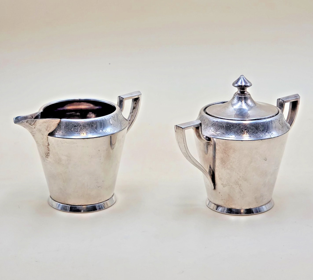 Vintage 1881 Rogers Silver Plate Creamer & Sugar Bowl Set 5016 w/ Lid Art Deco